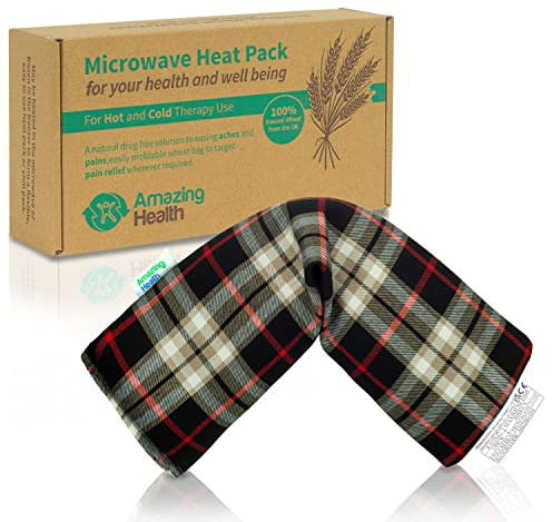 Amazing Health UNSCENTED Microwave Wheat Bag - Beige Tartan, 42cm Long, Cotton Heat Pad, Hot and Cold Pack, Made in UK, Gift Boxed