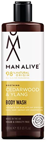 MAN ALIVE Gel douche pour homme, gel douche pour homme de 500 ml contenant un parfum masculin, végétalien, sans SLS et sans sulfate. Cadeau idéal pour homme (bois de cèdre et ylang, simple)