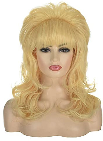 Morticia Frauen 80er Jahre Hippie Drag Queen Haar Bienenstock Vintage Retro Bouffant Kostüm Lockige Lange Synthetische Bang Perücke (Blond)
