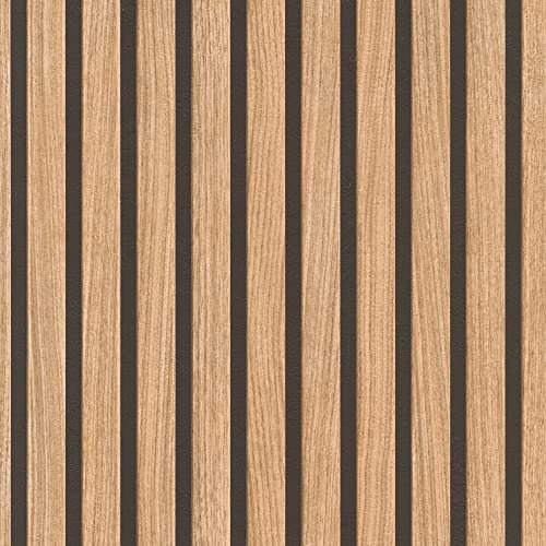 Tapete 278408 - Braune Papiertapete mit Holz-Optik, 3D -Paneele im modernen Skandi Look, Lamellenwand - 10,05m x 0,53m (LxB)