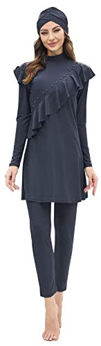 IMEKIS Damen 3tlg Modest Bademode Muslimischen Badeanzug Islamischen Burkini Schwimmanzug Langarm Tankini mit Hijab voller Abdeckung Rashguard Sets Badebekleidung Dunkelgrau L