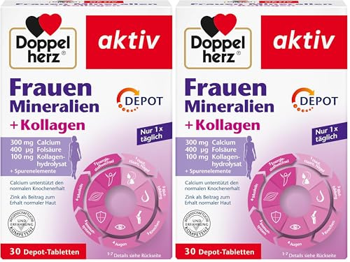 Doppelherz Frauen Mineralien + Kollagen – Kombination aus Mineralstoffen, Spurenelementen und ausgesuchten Vitaminen – 30 Tabletten, 50g (Packung mit 2)