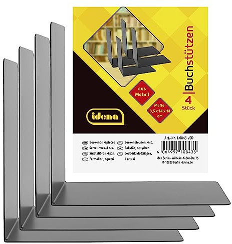 Idena 10843 – bokstöd metall, svart, 4 bokstativ, 14 x 14 x 8,5 cm, bokhållare för bokhyllor