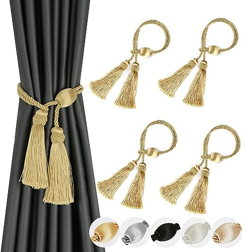 BEL AVENIR Vorhang-Raffhalter mit Quaste, modernes Seil, Fenstervorhang, Raffhalter für Vorhänge, Outdoor, elegant, dekorative Vorhanghalter, 4 Stück (Gold)