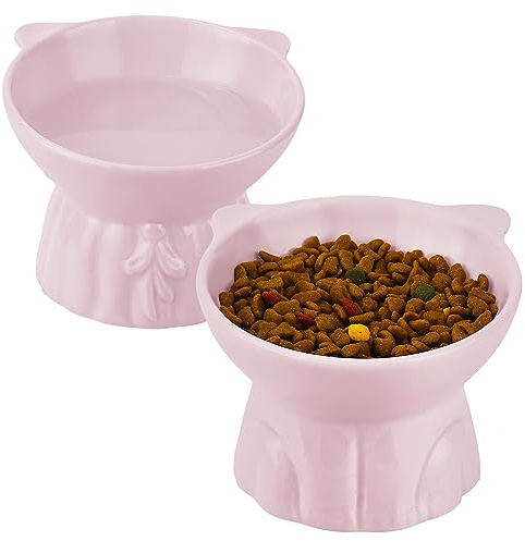 Ceramic Elevated Cat Bowls, 2 Extra Wide Raised Cat Bowl for Food and Water | Shallow cat Food Dish Whisker Friendly, Anti Vomit Cat Bowls Microwave and Dishwasher Safe, Great Height (Pink)