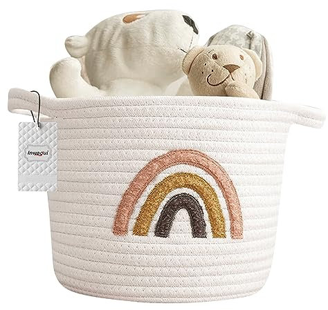 Inwagui Baumwolle Seil Aufbewahrungskorb Regenbogen Dekorativer Korb Faltbar Regalkorb Klein Weich Lagerung Korb für Kosmetik, Baby Spielzeug, Accessoires - White