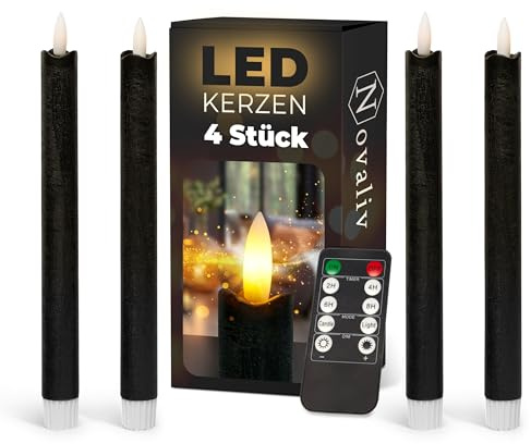 Novaliv Stabkerzen LED mit Timer SCHWARZ 4 Stück Indoor 6 Stunden - ECHTWACHS 23cm Höhe für Kerzen 2,2cm Durchmesser 2 AAA Batterien notwendig LED Stabkerzen flackernde Flamme bewegliche Flamme Licht