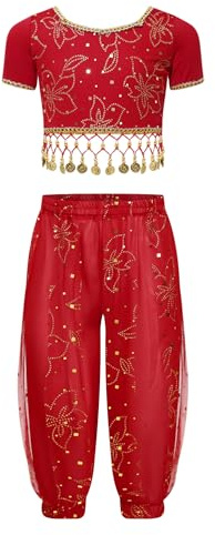 CHICTRY Bauchtanz Kostüm Kinder Mädchen Kurzarm Pailletten Tanz Shirt Münzen Oberteil Kurz Bauchfrei Top Mit Haremshose Tanzhose Wettbwerb Tanzkleidung Rot 2 STK. 92-98