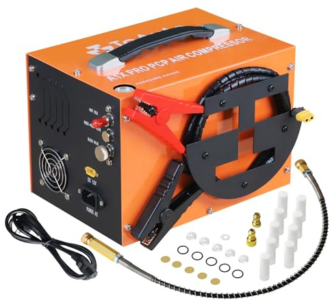 TOAUTO A1X-PRO PCP Air Compressor, 4500Psi 30Mpa, Portable Wire Reel Design, Built-in Converter, Water/Oil Free, One Button Starting, Explosive Disk, 110V AC or 12V Battery