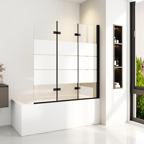 Duschwand für Badewanne mit Gestreift 140x140cm Schwarz Faltbar Badewannenaufsatz 3-teilig Duschabtrennung Badewanne Faltwand Duschtrennwand aus 6mm Gehärtetem Glas mit Nanobeschichtung