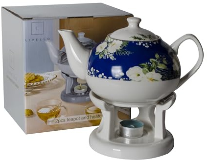 Livello Porzellan Teekanne mit Stövchen 1000 ml eleganter Teebereiter für heiße Getränke langlebig und leicht zu reinigen stilvolles Design für Kaffee und Tee Blumen Blau