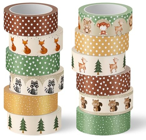 Whaline 12 Rolls Woodland Animal Washi Tape Forest Safari Creature Decorative Masking Tape Set Cute Wrapping Paper Tape for Scrapbook Journal DIY Art Crafts