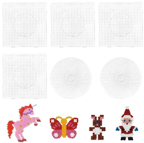 KATIMI 6PCS 5mm Plaque Perle a Repasser, Comprend 4 Plaques de Perles a Repasser Carré 14,5×14,5cm + 2 Perles à Repasser Cercles 15×15cm pour Enfants Cadeau Garçons Filles (Blanc)