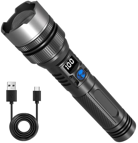 Elcould White Flashlight with Zoom, Lampe de poche 2 en 1, Lampe Torche LED 150000 Lumens, Lampe de Poche Zoomable Étanche avec 3 modes d'éclairage, Batterie Externe 1800mAh pour extérieur, camping