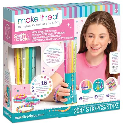 Make It Real 2901459 Heishi Perlen-Tower, automatisches Auffädeln, DIY Armband Set mit über 2000 Heishiperlen, Armbänder selber basteln für Kinder