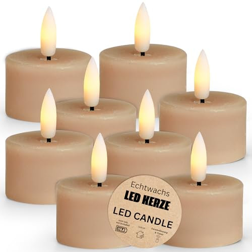 matches21 HOME & HOBBY LED Teelichter 8er Set aus Echtwachs mit Timerfunktion - Kerze realistisch flackernde Flamme warmweiß ca Ø 4 x 4 cm - Elektrische Wachskerze in beige als gemütliche Tischdeko