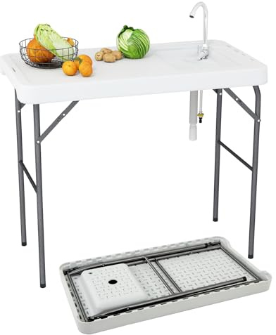 COSTWAY Klappbarer Fischreinigungstisch, Filetiertisch mit Spüle, Wasserhahn, Ablaufschlauch, Campingtisch tragbar für Garten, Terrasse & zum Angeln, 108 x 58 x 93 cm