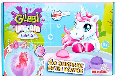 Simba Baff Bombz Unicorn Surprise – 6er Set Glibbi Badebombe mit Überraschung, zufällige Auswahl aus 3 Farben & 1 von 6 Einhorn-Figuren, 100 g, für Kinder ab 3 Jahren
