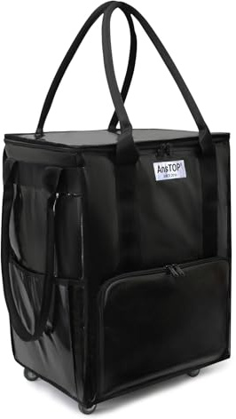 AnsTOP Reusable Grocery Bag on Wheels, 66LBS Foldable Shopping Cart with 5 Smooth Caster Wheels Zippered Top, Rolling Tote with Multiple Pockets for Groceries, Laundry, Travel, Camping,Medium,Black