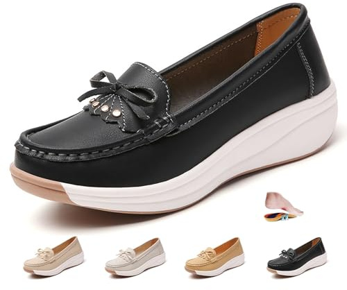 ZPLMIDE Mocasines ortopédicos de plataforma para mujer con cadena, zapatos ortopédicos para caminar para mujer, mocasines de plataforma sin cordones, mocasines clásicos