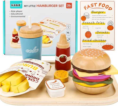 Kinderküche Spielküche Zubehör aus Holz,Spielküche Zubehör Hamburger Fast Food Set,Küchenspielzeug Holz Lebensmittel Spielzeug mit Deutscher Speisekarte,Weihnachten Geschenk für Jungen Mädchen