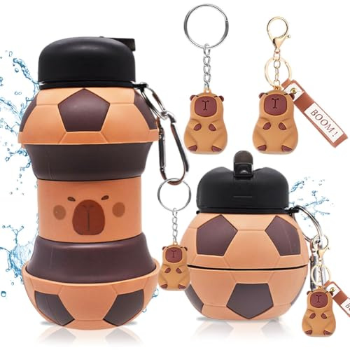 GlibberToy Borraccia Silicone Design Calcio per Bambini e Adulti, Capybara Borraccia Calcio con Portachiavi a Forma di Capybara, 550ml Bottiglia Adatta a Campeggio Viaggi Sport