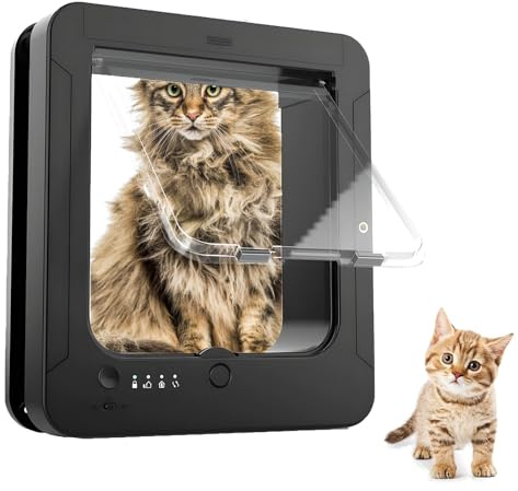 Smart Katze Tür Für Innen Und Außen, Rfid Katze Haustier Tür Mit 2 Kragen Sensorschlüssel Und 1 Fernbedienung Und 4 -Wege Verriegelung Katze Klappe Mit Rfid -Kragen Sensor Automatisches Öffnen
