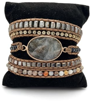 BOH serene Pulsera bohemia de 5 vueltas para mujer – Brazalete artesanal con piedras naturales y cristal, estilo boho-chic. 5 modelos exclusivos presentados en una elegante caja de regalo (Gris)