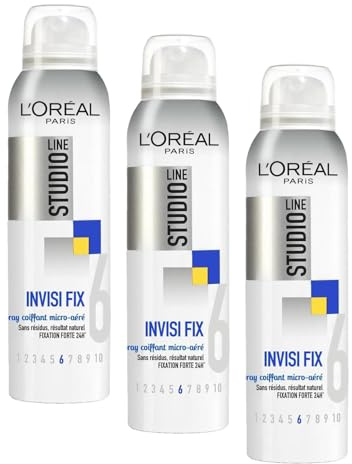 L’ORÉAL PARIS - Spray Coiffant Micro-Aéré Fixation Forte - Résultat Souple et Naturel - Tenue 24H - Sans Résidus - Tous Types de Cheveux - Studio Line Invisi'FX - 150 ml (Lot de 3)