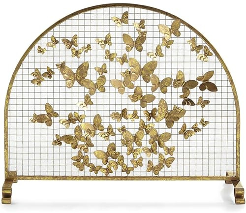 JIAOCKJIAO Parascintille per Camino con Design a Farfalla 3D, Protezione per Focolare con Struttura Ad Arco e Rete Metallica, Griglia di Protezione per Camino(Gold,31.4in/80cm)