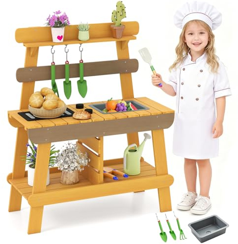 COSTWAY Mud Kitchen, Outdoor Kids Play Kitchen with Sink, BBQ Rack, Hanging Hooks, Storage Shelves & Gardening Accessories, Wooden Pretend Kitchen Playset for Boys Girls Ages 3+