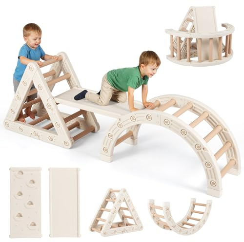 DREAMADE 5 en 1 Triangle Arche d'escalade pour Enfants 3-6 Ans, Pont Double Face, Jouets Montessori pour Garçons et Filles, Charge Max. 30kg (Café)