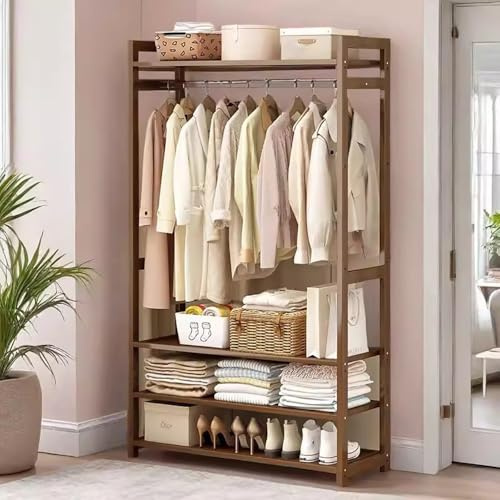 angroups Heavy Duty Clothes Rail, Natural Bamboo Garment Clothes With Hanging Clothing Rail, Wardrobe Clothes Rails with Storage Shelves for Entryway Bedroom Office Shop 170x30x150cm