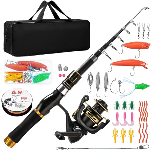 Lomffy Juego de caña de Pescar, 1.8m Caña de Pescar combinada con Carrete telescópico de Fibra de Carbono con línea/Accesorios de señuelos/Bolsa de Transporte, para Viajes, Agua Salada o Dulce
