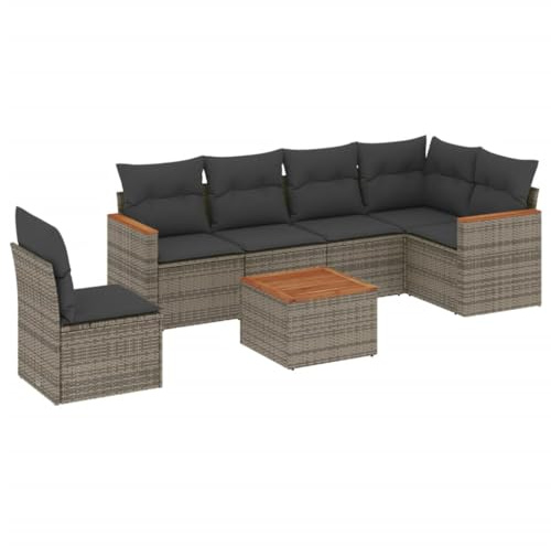 GeenYuu 7-TLG. Garten-Sofagarnitur mit Kissen Grau Poly Rattan wetterfestes Lounge-Set mit Tisch Akazienholz pulverbeschichtetem Stahl für Balkon Terrasse und Garten