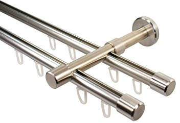iso-design Gardinenstange mit Innenlauf 2-läufig 16 mm Durchmesser Farbe Edelstahl Wandmontage Innenlaufstange aus Metall Endstück Kappe, 240 cm (2 x 120 cm)