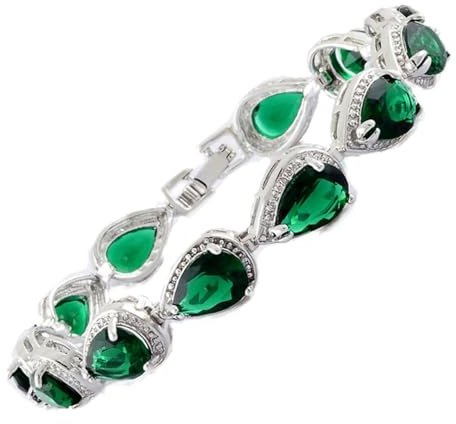 RIZILIA Tenis Pulsera [18cm/7inch] con Corte de Pera Piedras Preciosas Circonita CZ [Esmeralda Verde] en 18K Chapado en oro blanco, Elegancia Moderna Sencillo