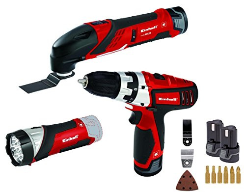 Einhell Werkzeug-Akku-Set TE-TK 12 Li, 12 V, mit 2 x 1,3 Ah Akku, Bohrschrauber, Multifunktionswerkzeug mit LED-Lampe, inklusiv Bits, Sägeblatt, Schaber und Schleifzubehör