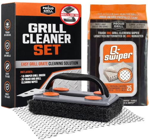 Proud Grill Q-Swiper BBQ Grill Cleaner Set - 1 Grill Brush with Scraper and 25 BBQ Grill Cleaning Wipes, Bristle-Free & Wire-Less, Safe Way to Remove Grease and Grime, Ideal for Mom