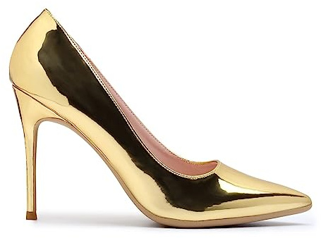 GENSHUO Högklackade pumps för kvinnor, stängt tåparti, sexig spets stilettos 10 cm, pumps för fester och avslutningsbollar, Metallic guld klackar, 37 EU