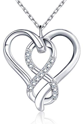 BlingGem Damen Kette aus Weißgold vergoldet 925 Sterling Silber mit Rundschliff Zirkonia Unendlichkeit Herz Liebe Anhänger Halskette Frauen,18 inch