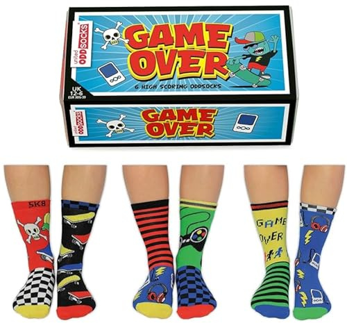 United Oddsocks Game Over - Box of 6 Oddsocks For Boys, UK 12-6 EUR 30.5-39 US 13.5-7, Multi