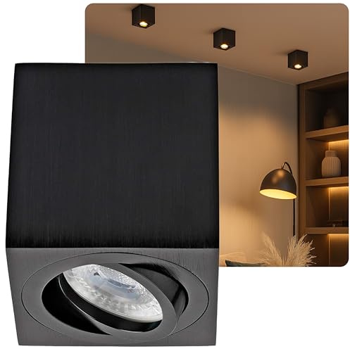 Sweet Led Aufbaustrahler GU10 dimmbar aus Aluminium - Deckenspots 7W 3000K Strahler warmweiß 230V - Aufbauspot in Eckig - Deckenleuchte schwarz gebürstet – Aufputz Spot schwenkbar