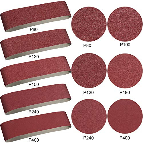 Blulu 22 Pieces Sanding Belts and Sanding Discs Set Includes 4 x 36 Inch Belts (80/120/150/240/400 Grits) and 6 Inch Self Adhesive No Hole Alumina Disc for Bench Combination Sander Woodworking
