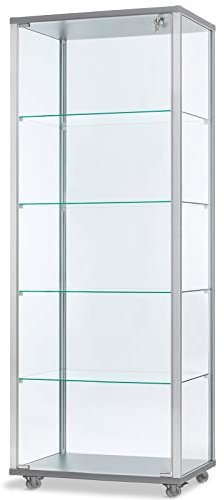 MHN Glasvitrine T 41,7 x B 60 x H 183 cm - breite Ausstellungs-Vitrine abschließbar - hoher Glas-Vitrinenschrank - Spiegel-Rückwand - ohne Beleuchtung