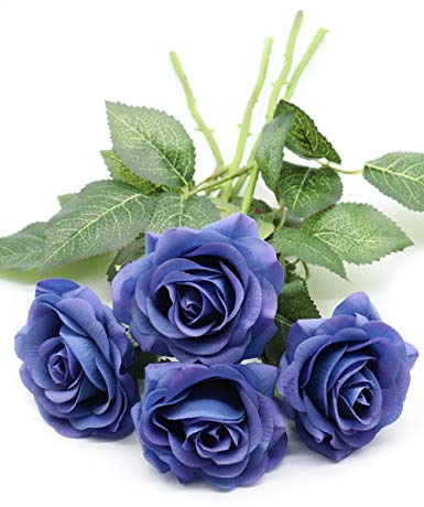 Derbway 4 Stück künstliche Seidenblumen, einzelner Stiel, künstliche Rose, Blumenstrauß Real Touch für Party, Hochzeit, Haus, Hoteldekoration (blau)