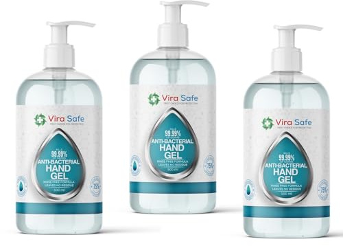 3x Vira Safe 500ml Vira Safe 70% Alcohol Pack of 3 Hand Sanitiser Antibacterial Gel Certified Kills 99% Germs Fast Drying Moisturising Formula