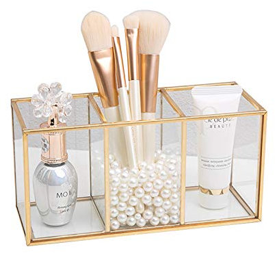 SLHEQING Make up Organizer, Pinselhalter, Stifthalter, Glas und Messing Schreibtisch Organizer, Kosmetik Aufbewahrung für Pinsel, Eyeliner, Lippenstift