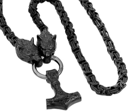 WDBAYXH Viking Thors Hammer Schwarzer Anhänger Doppel Fenrir Wolfskopf Schwarze Königskettenkette,Handgefertigter Nordischer Edelstahl Mjolnir Amulett Keltischer Heidnischer Vintage-Schmuck,50CM