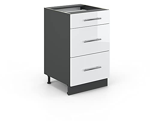Vicco Küchenunterschrank Fame-Line, Weiß Hochglanz, 50 cm | MDF-Front · Ohne Arbeitsplatte · Höhenverstellbare Füße · Metallgriffe · Metall-Vollauszüge